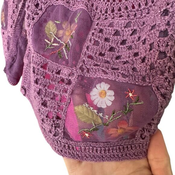 Purple Knit Handmade Gardencore Grannycore Unique Flower Patch Sweater - Picture 10 of 11
